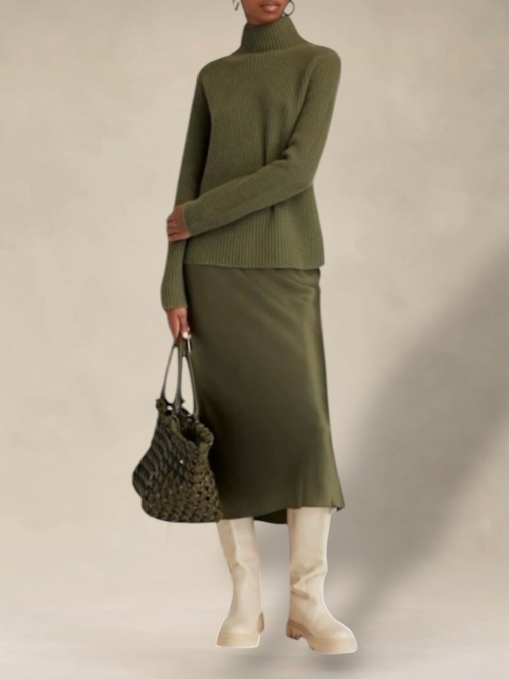VINCE SHAKER RIBBED TURTLENECK 100% CASHMERE ARMY GREEN SWEATER
